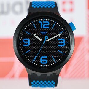 NEW Limited Swiss Swatch BIG BOLD BBBLUE Black And Blue 47mm Watch SO27B101 Lumi